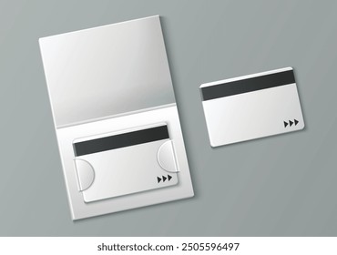 Key card with cover mockup. Realistic vector illustration of hotel and office room or apartment white empty plastic keycard template with magnetic strip and paper coverage. Safety entry technology.