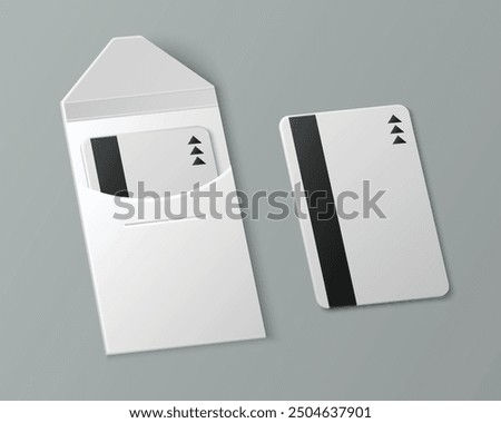 Key card with cover mockup. Realistic vector illustration of hotel and office room or apartment white empty plastic keycard template with magnetic strip and paper coverage. Safety entry technology.