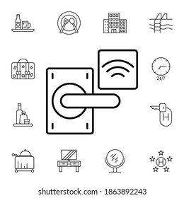 Key card, door, wifi flat vector icon in hotel service pack
