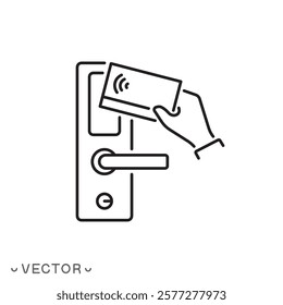 key card icon, closing doors system, for opening door in hotel room, accommodation, vacation, thin line symbol concept isolated on white background, editable stroke eps 10 vector illustration