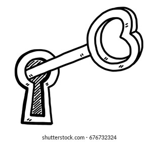 key / cartoon vector and illustration, black and white, hand drawn, sketch style, isolated on white background.