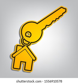 Key with key chain as an house sign. Flat orange icon with overlapping linear black icon with gray shadow at whitish background. Illustration.