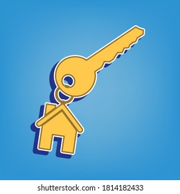 Key with key chain as an house sign. Golden Icon with White Contour at light blue Background. Illustration.