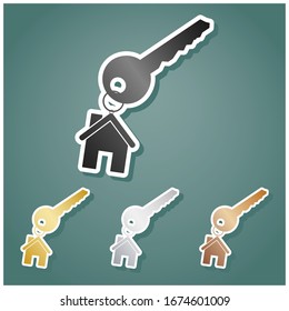 Key with key chain as an house sign. Set of metallic Icons with gray, gold, silver and bronze gradient with white contour and shadow at viridan background. Illustration.