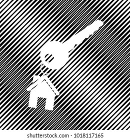 Key with key chain as an house sign. Vector. Icon. Hole in moire background.