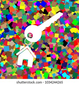 Key with key chain as an house sign. Vector. White icon on colorful background with seamless pattern from squares.
