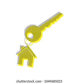 Key with key chain as an house sign. Vector. Yellow icon with square pattern duplicate at white background. Isolated.