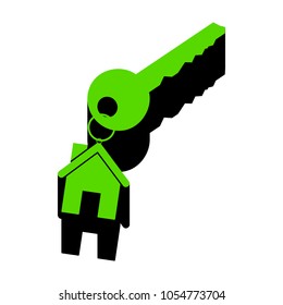 Key with key chain as an house sign. Vector. Green 3d icon with black side on white background. Isolated.