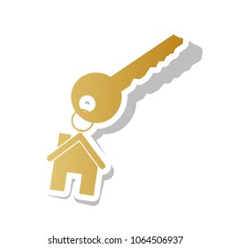 Key with key chain as an house sign. Vector. Golden gradient icon with white contour and rotated gray shadow at white background.