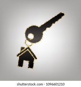 Key with key chain as an house sign. Vector. Blackish icon with golden stars at grayish background.