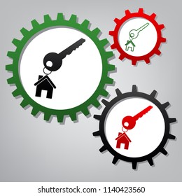 Key with key chain as an house sign. Vector. Three connected gears with icons at grayish background.