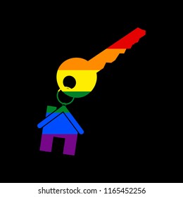 Key with key chain as an house sign. Vector. Icon with colors of LGBT flag at black background.