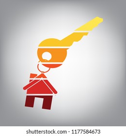 Key with key chain as an house sign. Vector. Horizontally sliced icon with colors from sunny gradient in gray background.