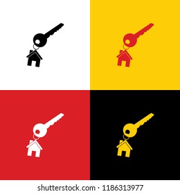 Key with key chain as an house sign. Vector. Icons of german flag on corresponding colors as background.