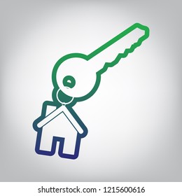 Key with key chain as an house sign. Vector. Green to blue gradient contour icon at grayish background with light in center.
