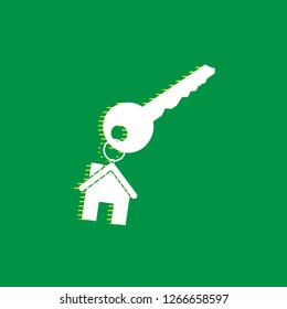 Key with key chain as an house sign. Vector. White flat icon with yellow striped shadow at green background.