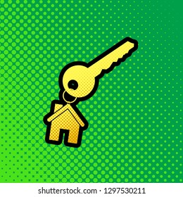Key with key chain as an house sign. Vector. Pop art orange to yellow dots-gradient icon with black contour at greenish background.