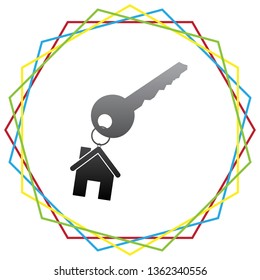 Key with key chain as an house sign. Vector. Black icon with patch of light inside colorful hexagonal frames at white background.