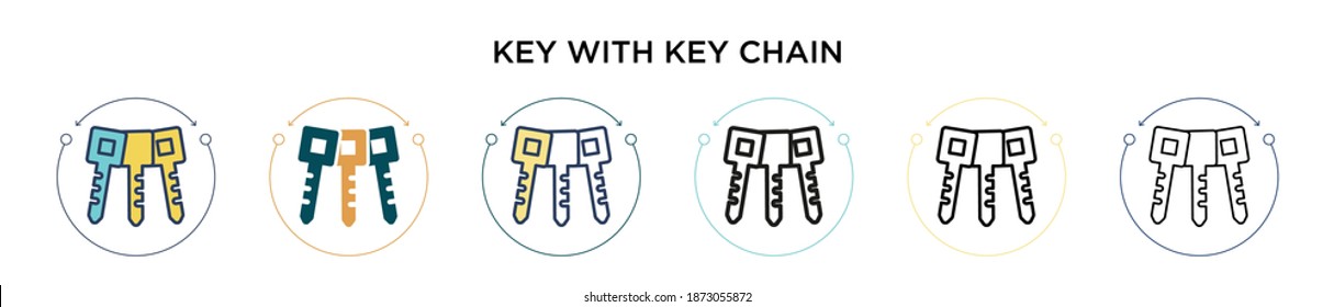 Key with key chain icon in filled, thin line, outline and stroke style. Vector illustration of two colored and black key with key chain vector icons designs can be used for mobile, ui, web