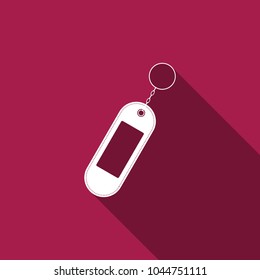 Key chain icon isolated with long shadow. Blank rectangular keychain with ring and chain for key. Flat design. Vector Illustration