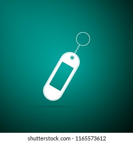 Key chain icon isolated on green background. Blank rectangular keychain with ring and chain for key. Flat design. Vector Illustration