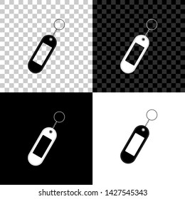 Key chain icon isolated on black, white and transparent background. Blank rectangular keychain with ring and chain for key. Vector Illustration
