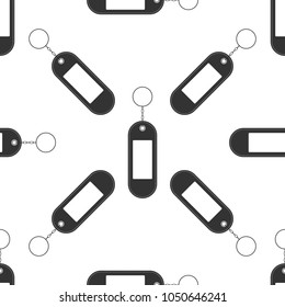 Key chain icon seamless pattern on white background. Blank rectangular keychain with ring and chain for key. Flat design. Vector Illustration