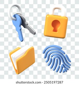 Key chain, lock, file folder, fingerprint. Set of isolated vector objects for cybersecurity concepts