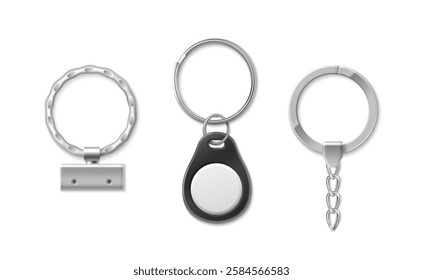 Key chain ring collection with metallic holders - textured band with steel plate, black pendant or key fob with circle, smooth band with decorative link extension. Mockup set for brand identity.