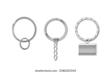 Key chain ring set of metallic accessories - double circle holder, pendant with decorative chain link, textured band with rectangular plate. Silver mockup collection for brand identity design.