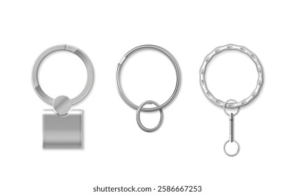 Key chain ring set of metallic accessories - double circle holder, pendant with decorative chain link, textured band with rectangular plate. Silver mockup collection for brand identity design.