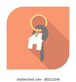 Key with key chain shaped like a house. Modern flat icon with long shadow effect in stylish colors. Isolated on white background.