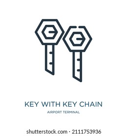 con el icono de la línea delgada de la cadena de claves. bloqueo, iconos lineales de puerta del concepto de terminal del aeropuerto señal de contorno aislado. Elemento de símbolo de ilustración vectorial para diseño web y aplicaciones.