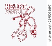 Key chain vector charm with heart break slogan for fashion print design.  Young girl, women, teen, man keys print illustration