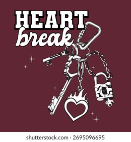charme de vetor de cadeia de chave com slogan de quebra de coração para design de impressão de moda.  Menina jovem, mulheres, adolescente, homem chaves imprimir ilustração