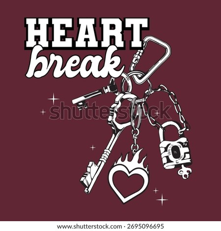 Key chain vector charm with heart break slogan for fashion print design.  Young girl, women, teen, man keys print illustration