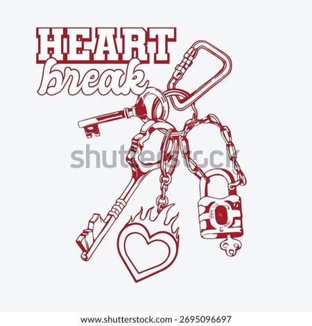 Key chain vector charm with heart break slogan for fashion print design.  Young girl, women, teen, man keys print illustration