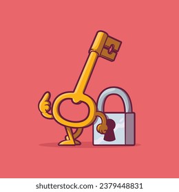 Key character leaning on a lock vector illustration. Mascot, privacy, protection design concept.