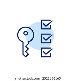 Key and checklist. Secure access, task verification. Pixel perfect vector icon