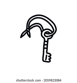 Key from the chest or door on a string. Black and white vector isolated illustration hand drawn doodle