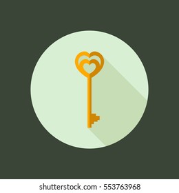 Key Circle Icon. Flat Design. Vector Illustration with Long Shadow. Happy Valentine Day Symbol. Key with heart shape