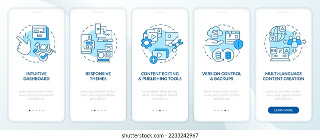La clave CMS tiene ventajas de pantalla azul de aplicación móvil incorporada. Recorrido 5 pasos instrucciones gráficas editables con conceptos lineales. UI, UX, plantilla GUI. Multitud de tipos de letra Pro-Bold, con uso regular