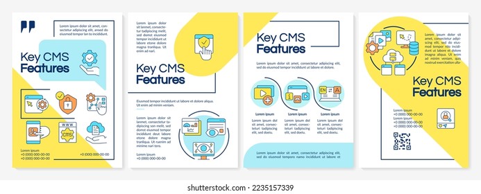 Key CMS features blue and yellow brochure template. Optimize website. Leaflet design with linear icons. Editable 4 vector layouts for presentation, annual reports. Questrial, Lato Regular fonts used