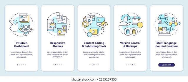 Key CMS features onboarding mobile app screen. Content management walkthrough 5 steps editable graphic instructions with linear concepts. UI, UX, GUI template. Myriad Pro-Bold, Regular fonts used