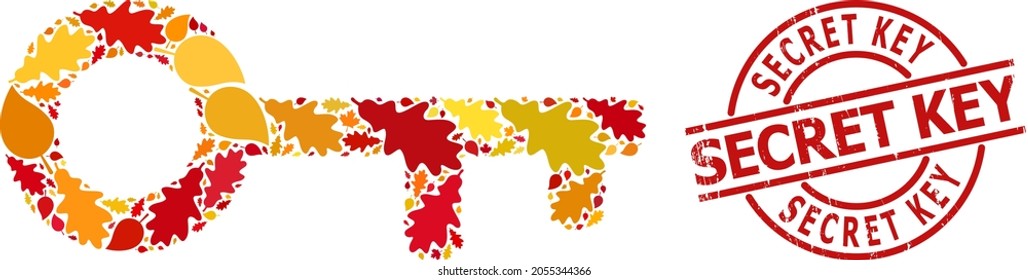 Key collage icon constructed for fall season, and SECRET KEY rubber stamp seal. Vector key mosaic is constructed of scattered autumn maple and oak leaves.