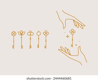 Key collection composition with hands drawing in linear style on light background