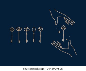 Key collection composition with hands drawing in linear style on blue background