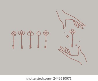 Key collection composition with hands drawing in linear style on beige background