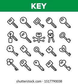 Key Collection Different Elements Icons Set Vector Thin Line. Key In Heart Form, Ancient And Modern, Electronic And Classical Concept Linear Pictograms. Monochrome Contour Illustrations