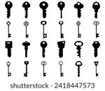 Key collection. Retro and modern house key silhouettes vector template for logo design. Set of keys white silhouette for safety house illustration